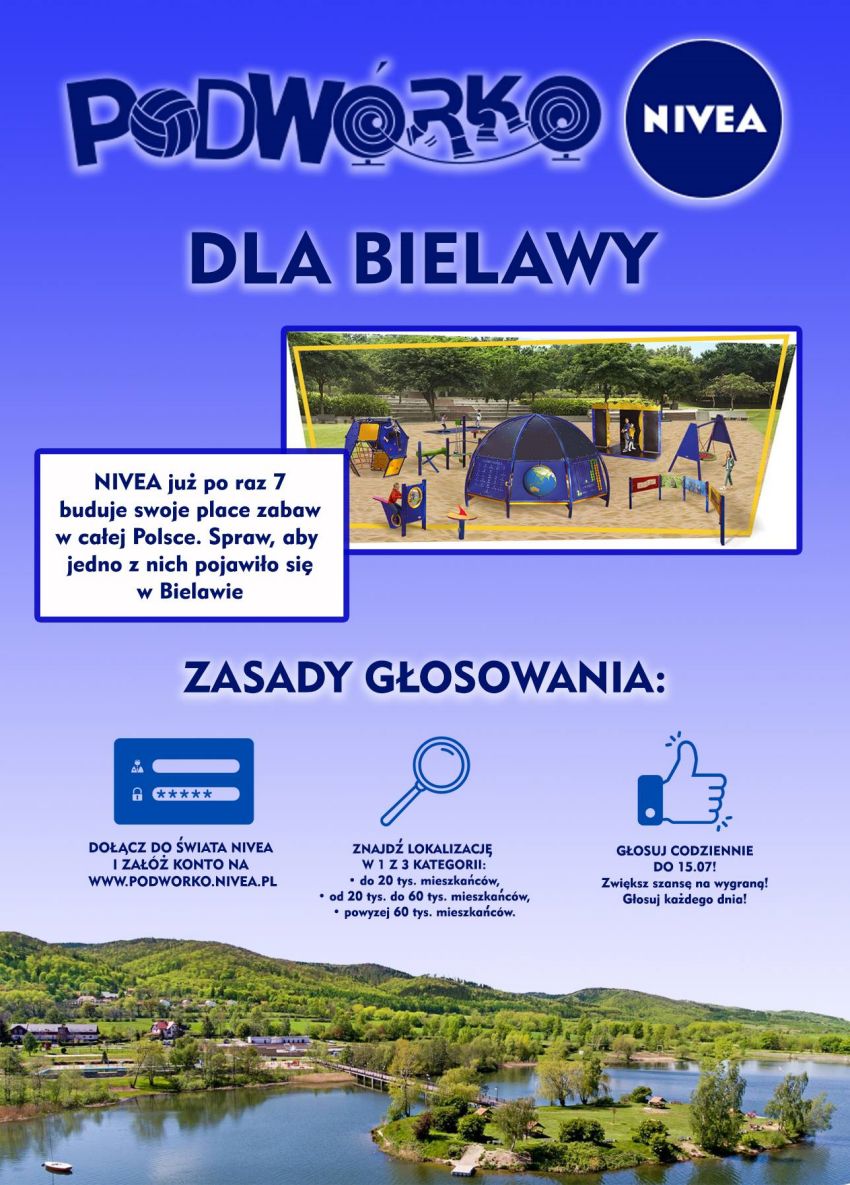 Afisz informacyjny. W górnym prawym rogu logo NIVEA - granatowe koło w środku biały napis NINEA. Zdjęcie z urządzeniami zabawowymi na placu zabaw. na dole widok na Jezioro Bielawskie, w tle panorama gór