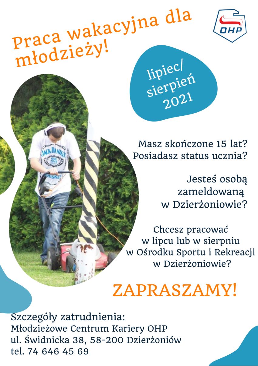 Afisz informacyjny. Na zdjęciu sylwetka młodego mężczyzny koszącego trawę elektryczną kosiarką