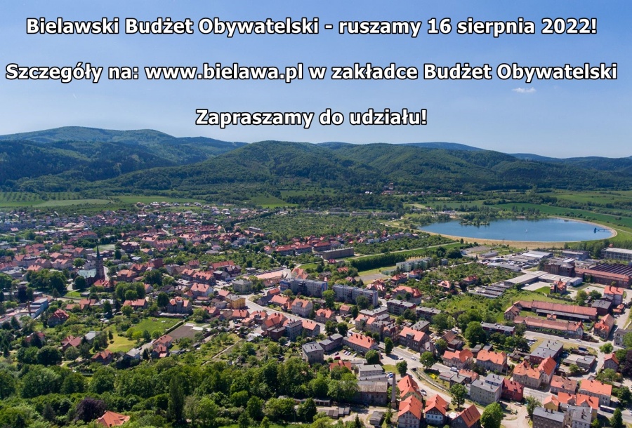 Baner z panoramą Bielawy zapraszający do udziału w Bielawskim Budżecie Obywatelskim