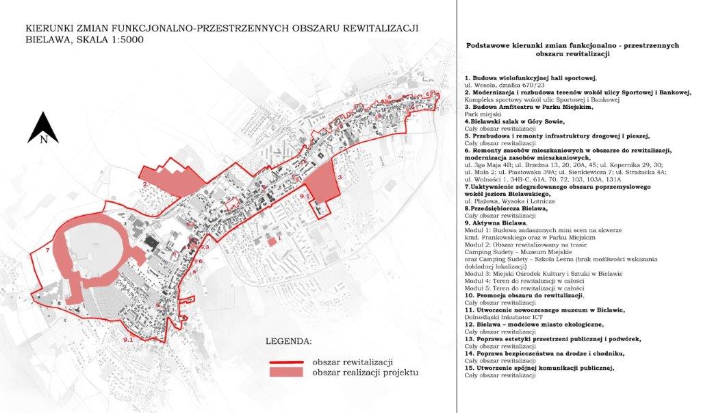 Kierunki Zmian Funkcjonalno-Przestrzennych Obszaru Rewitalizacji - Bielawa - mapa poglądowa