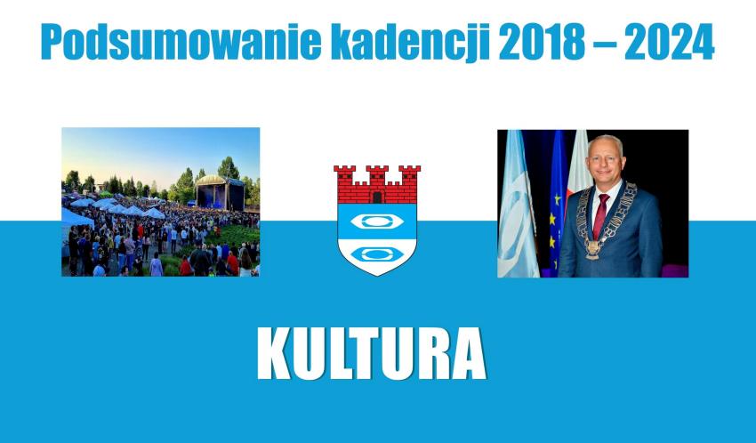 Afisz - podsumowanie kadencji 2018 - 2024 - kultura. Na afiszu burmistrz, herb Bielawy oraz scena w plenerze