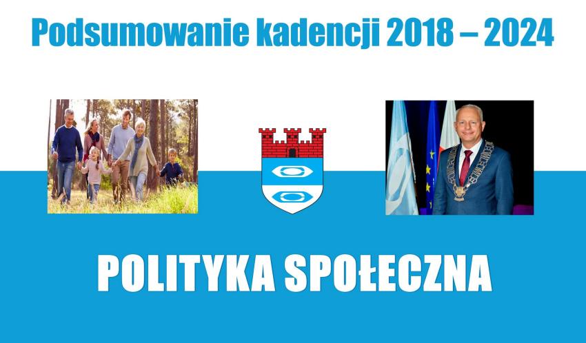 Afisz - Podsumowanie kadencji 2018 - 2024 - Polityka społeczna. Na zdjęciu burmistrz Andrzej Hordyj