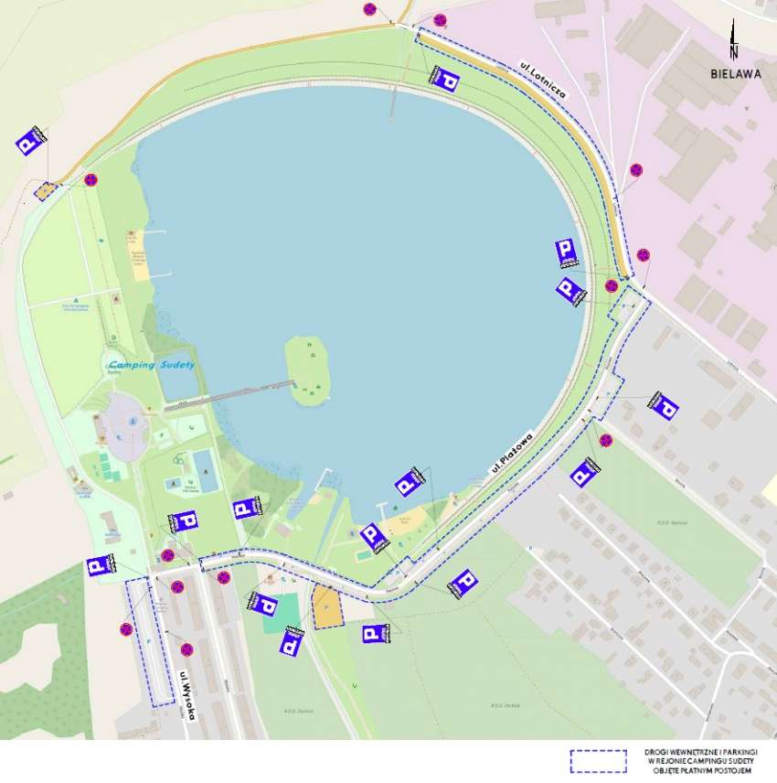 Mapa z wyszczególnionymi płatnymi parkingami  wokół Jeziora Bielawskiego