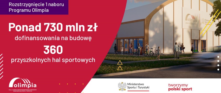 Afisz informacyjno-promocyjny rządowego programu pn. „OLIMPIA – program budowy przyszkolnych hal sportowych na 100-lecie pierwszych występów reprezentacji Polski na Igrzyskach Olimpijskich”