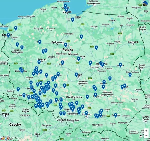 Poglądowa mapka miejscowości, z których wpłynęły zgłoszenia udziału w festiwalu