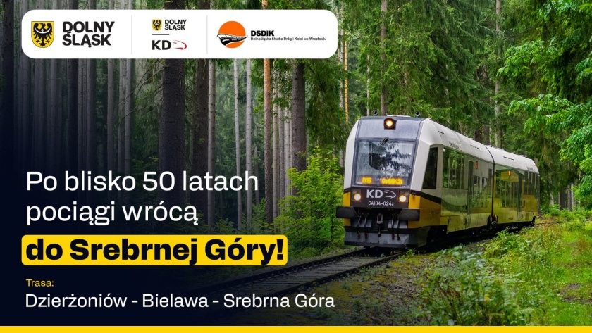 Afisz informacyjno-promocyjny przedstawiający jadący szynobus