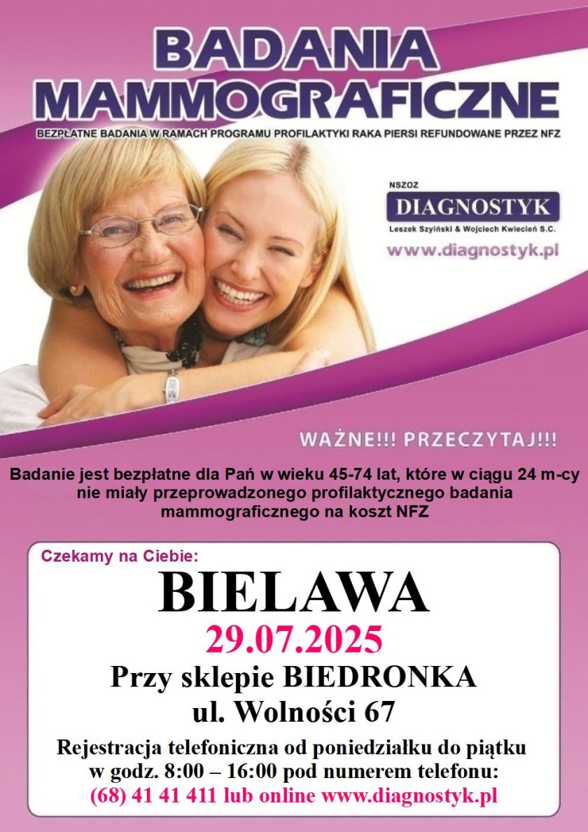 Bezpłatne badania mammograficzne w lipcu - afisz z informacjami