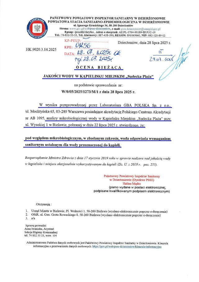 Dokument potwierdzający dobrą jakość wody w Jeziorze Bielawskim