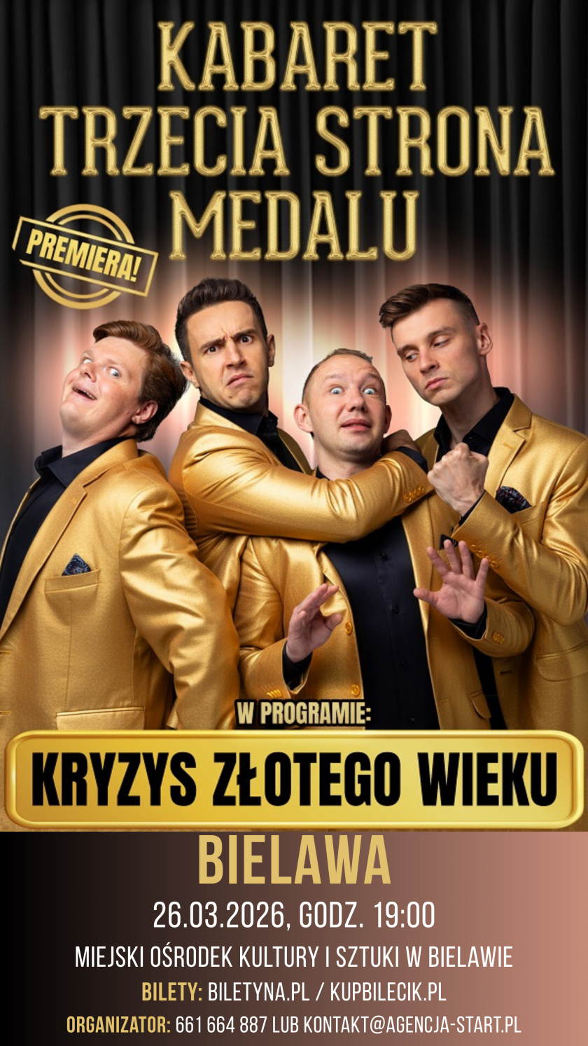 Afisz z informacjami. Na zdjęciu członkowie kabaretu