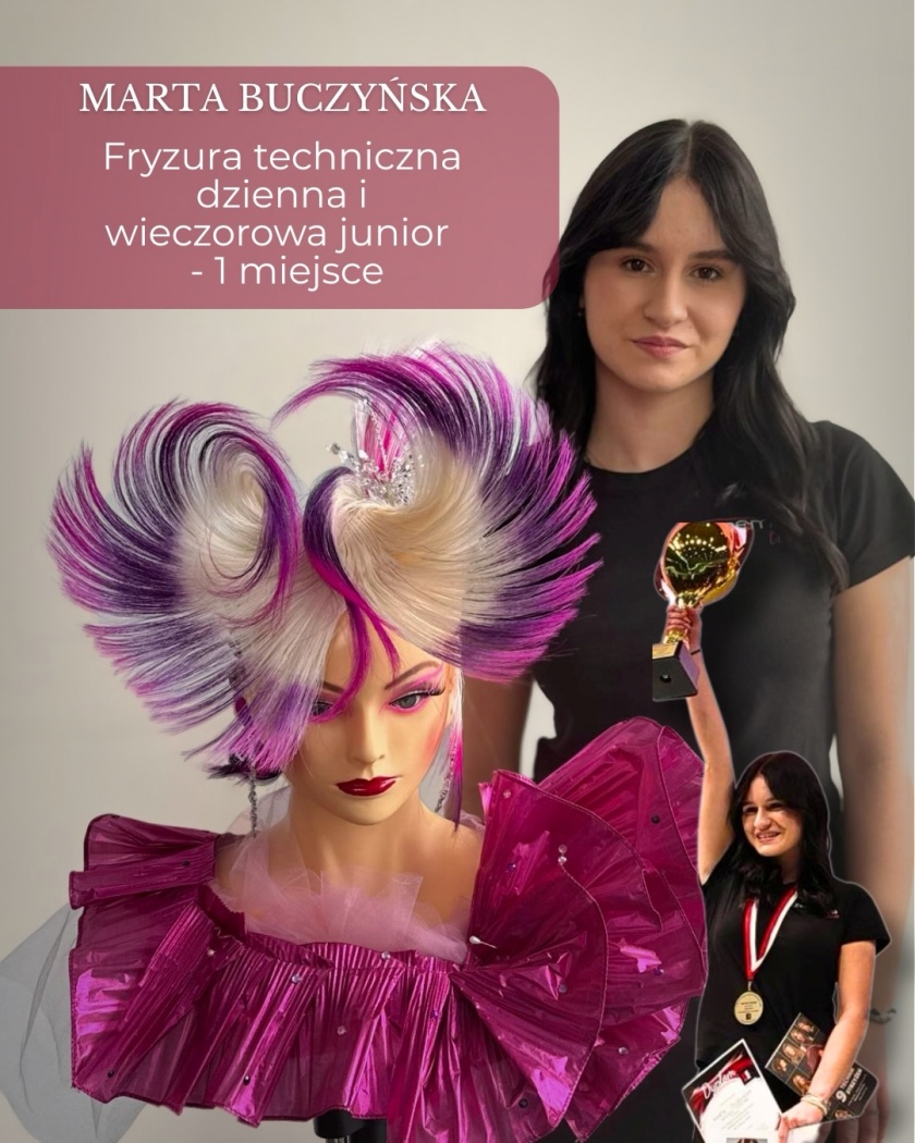Marta z pucharem i nagrodami prezentuje zwycięską fryzurę