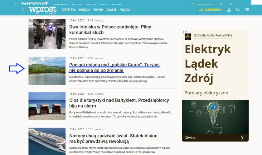 Printscreen strony portalu  internetowego WPROST PODRÓŻE z materiałem o Bielawie